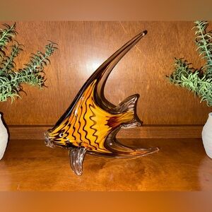 MURANO Artistic Glass Fish Sculpture in Amber and Black. 4’ X 5’.